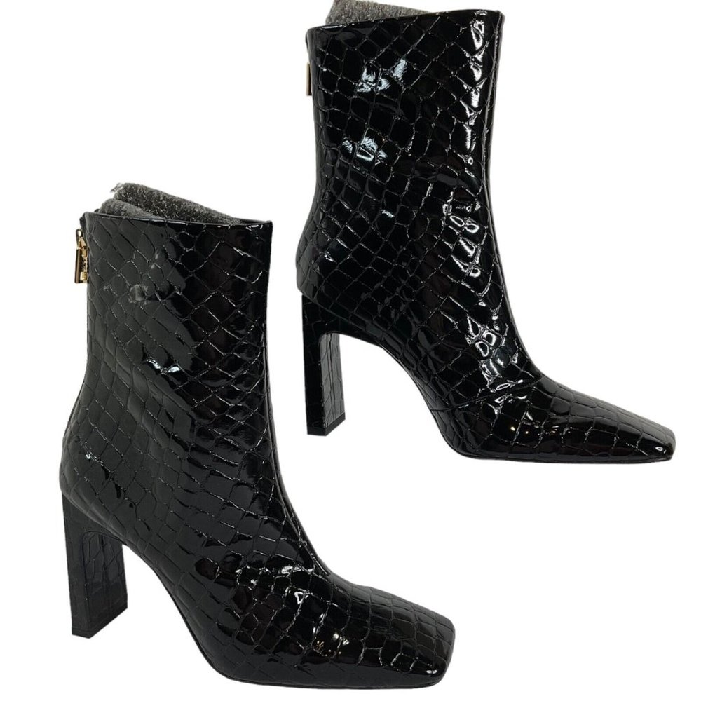 Good American Shoes Booties Womens Sz 6.5 Black Patent Gator Pattern $349 Nwb